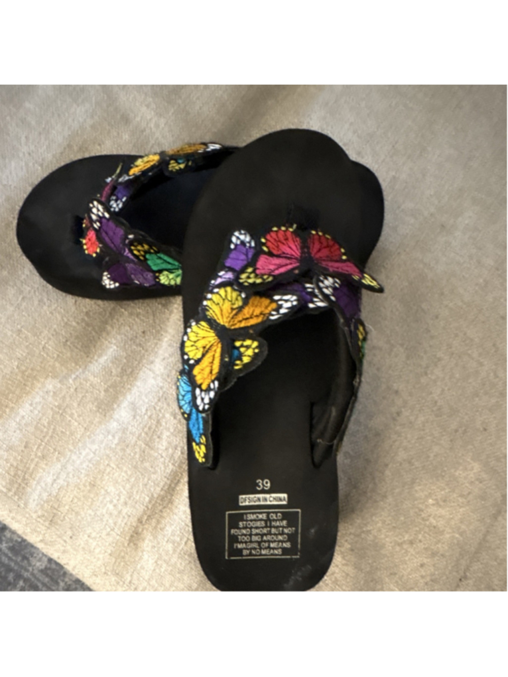 AMH Women's Butterfly Embroidered Slip-On Thong Sandals Black Multicolor 39